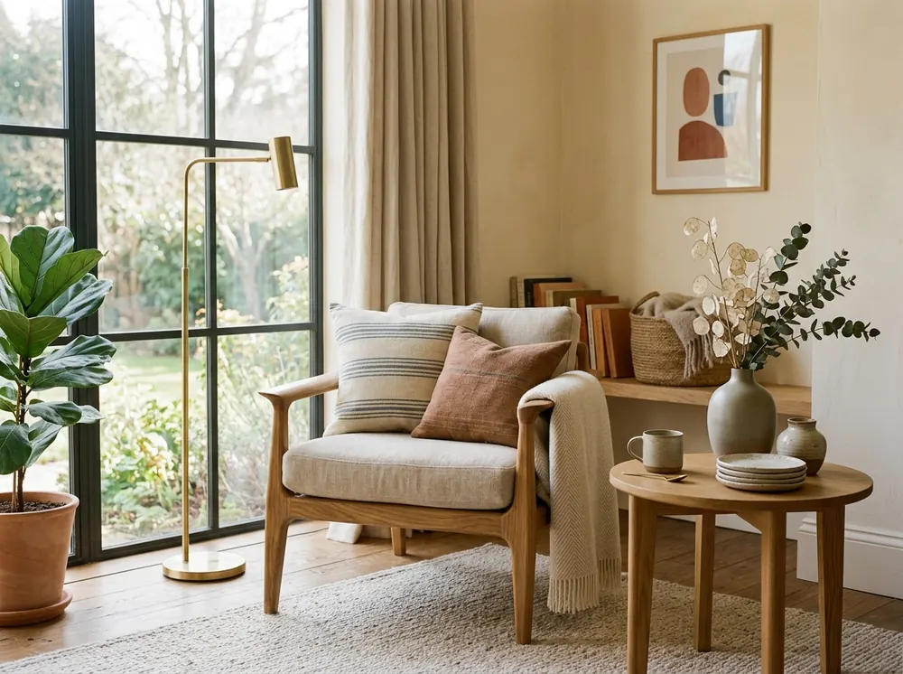 A calm, naturally lit living room with cushions and decor
